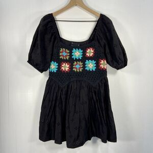 Asos Black Mini Dress Granny Square Crochet Bodice Puff Sleeve‎ Womens 0 NWT
